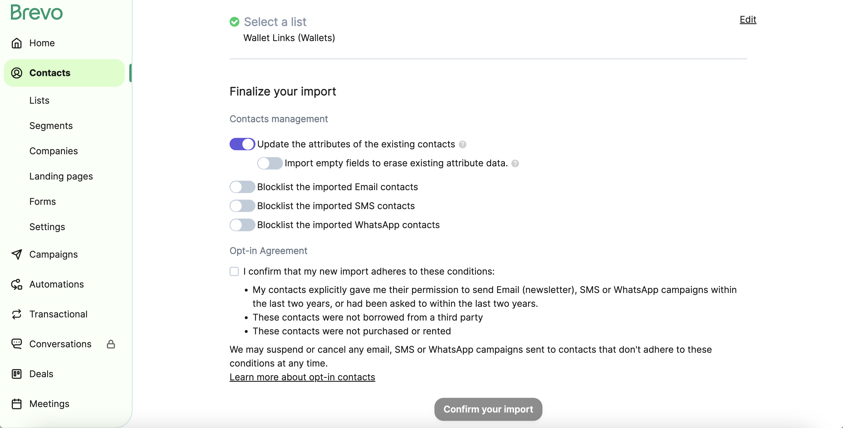 Brevo import field mapping screen for WALLET_LINK