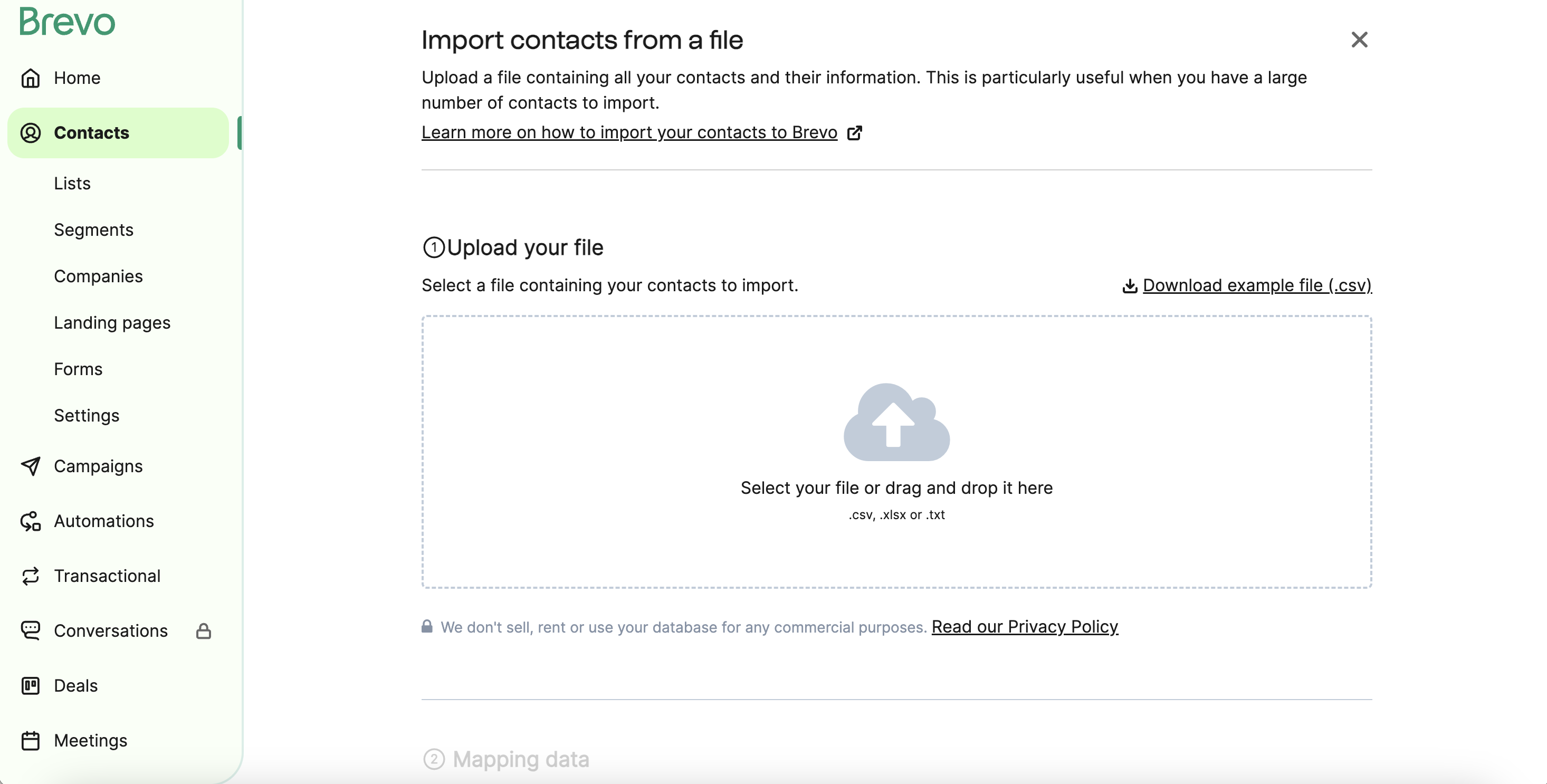 Brevo import flow step to upload a CSV file