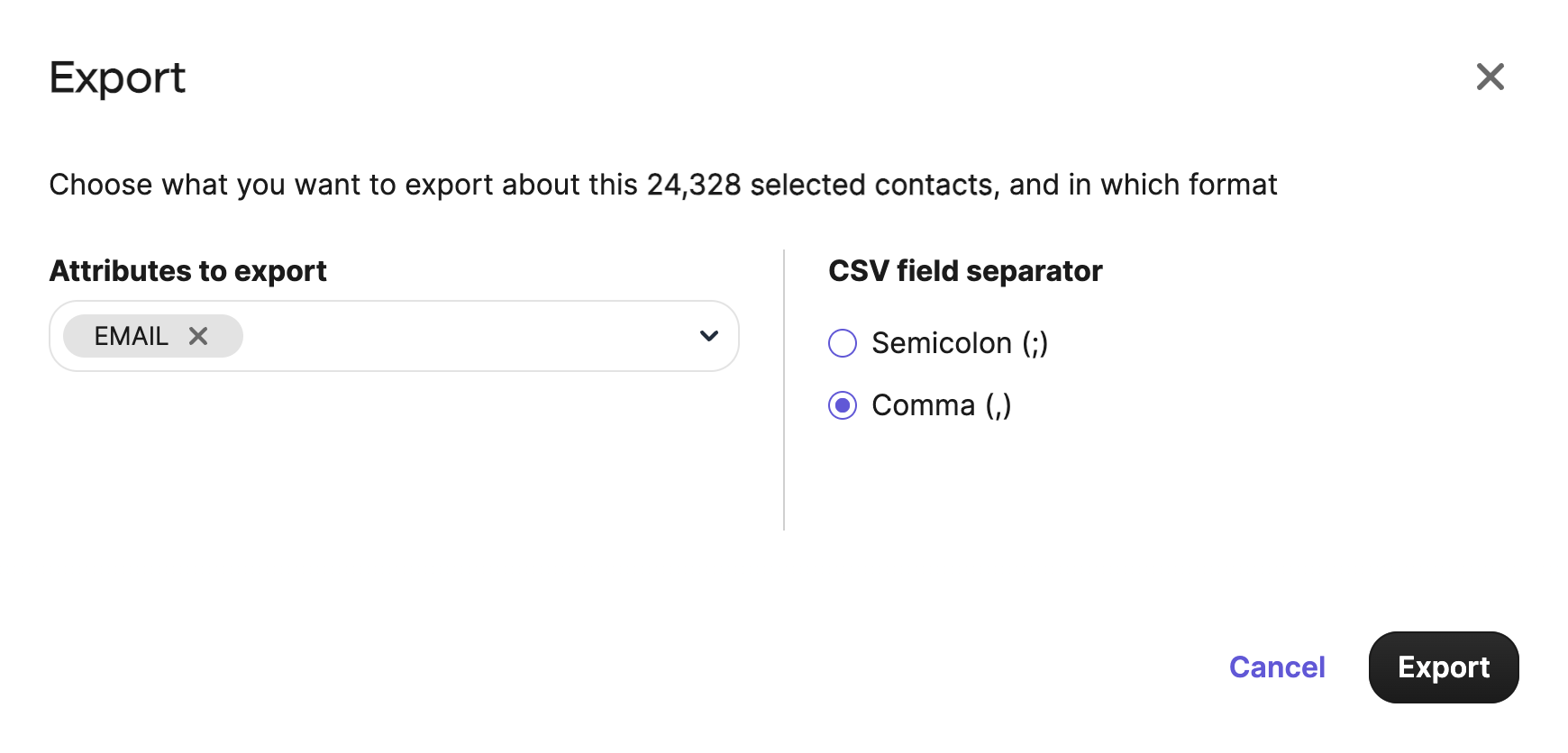 Brevo export contacts options showing EMAIL attribute and comma separator
