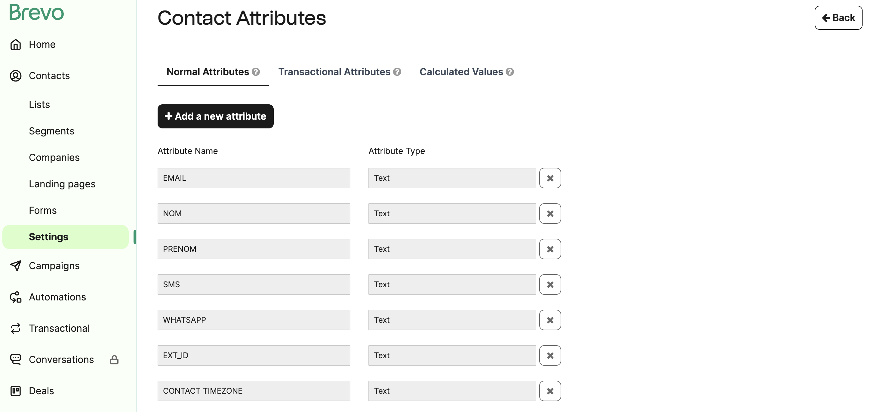 Brevo attributes screen with the 'add a new attribute' action